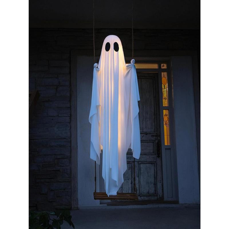 Halloween Decorations Outdoor - 5 FT Large Hanging Swing Ghost Halloween Decor with String Lights - Spooky Cute Ghosts Decorations for Front Porch Yard Tree