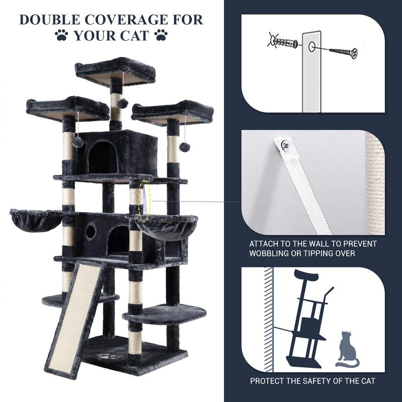 Allewie 68-Inch Multi-Level Cat Tree with Condo and Scratching Post for Large Cats - Available in Beige, Pink, Light Grey, Smoky Grey, and Leopard Print