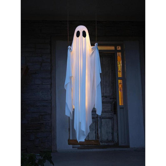 Halloween Decorations Outdoor - 5 FT Large Hanging Swing Ghost Halloween Decor with String Lights - Spooky Cute Ghosts Decorations for Front Porch Yard Tree