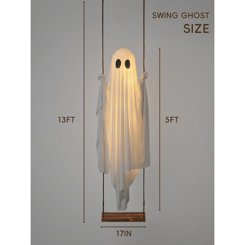 Halloween Decorations Outdoor - 5 FT Large Hanging Swing Ghost Halloween Decor with String Lights - Spooky Cute Ghosts Decorations for Front Porch Yard Tree