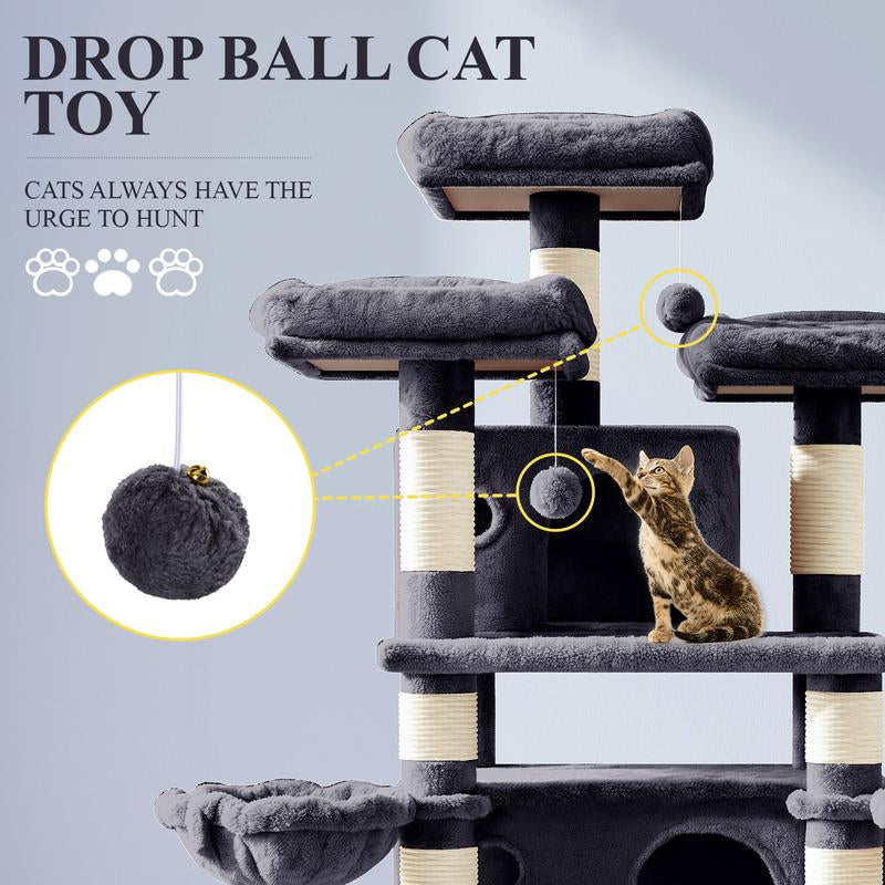 Allewie 68-Inch Multi-Level Cat Tree with Condo and Scratching Post for Large Cats - Available in Beige, Pink, Light Grey, Smoky Grey, and Leopard Print