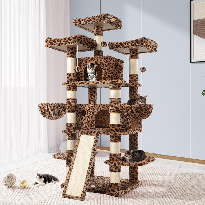 Allewie 68-Inch Multi-Level Cat Tree with Condo and Scratching Post for Large Cats - Available in Beige, Pink, Light Grey, Smoky Grey, and Leopard Print