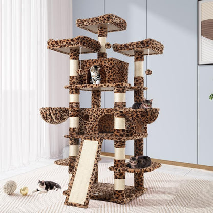 Allewie 68-Inch Multi-Level Cat Tree with Condo and Scratching Post for Large Cats - Available in Beige, Pink, Light Grey, Smoky Grey, and Leopard Print