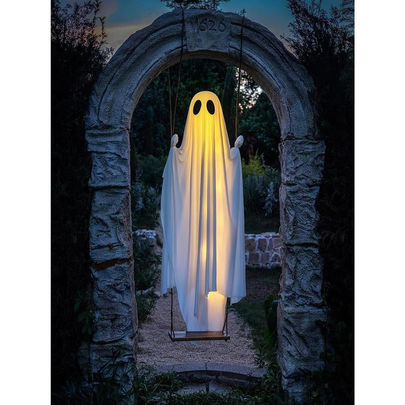 Halloween Decorations Outdoor - 5 FT Large Hanging Swing Ghost Halloween Decor with String Lights - Spooky Cute Ghosts Decorations for Front Porch Yard Tree