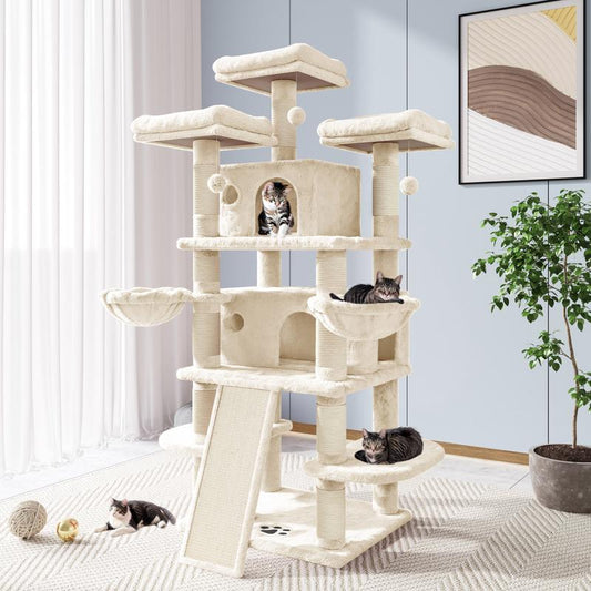 Allewie 68-Inch Multi-Level Cat Tree with Condo and Scratching Post for Large Cats - Available in Beige, Pink, Light Grey, Smoky Grey, and Leopard Print