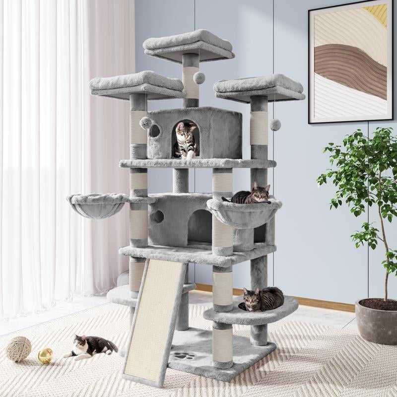 Allewie 68-Inch Multi-Level Cat Tree with Condo and Scratching Post for Large Cats - Available in Beige, Pink, Light Grey, Smoky Grey, and Leopard Print