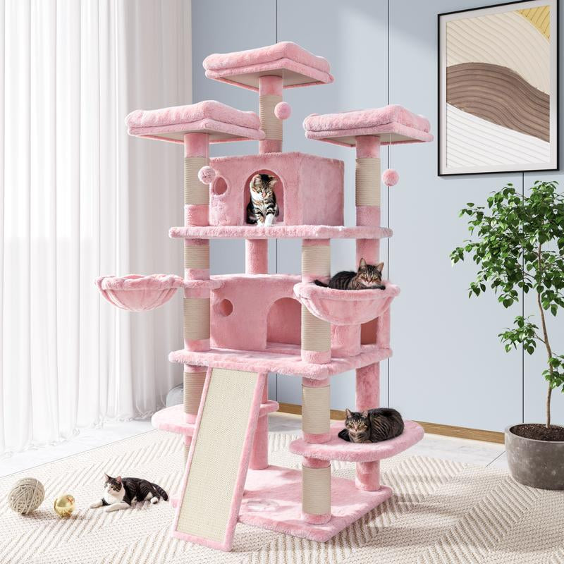 Allewie 68-Inch Multi-Level Cat Tree with Condo and Scratching Post for Large Cats - Available in Beige, Pink, Light Grey, Smoky Grey, and Leopard Print