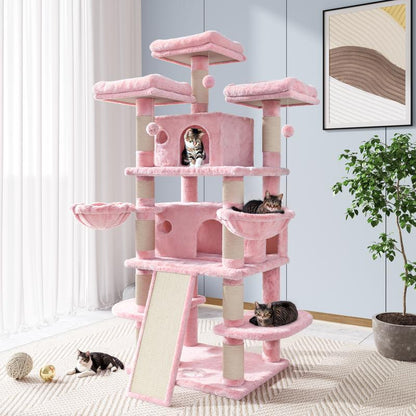 Allewie 68-Inch Multi-Level Cat Tree with Condo and Scratching Post for Large Cats - Available in Beige, Pink, Light Grey, Smoky Grey, and Leopard Print