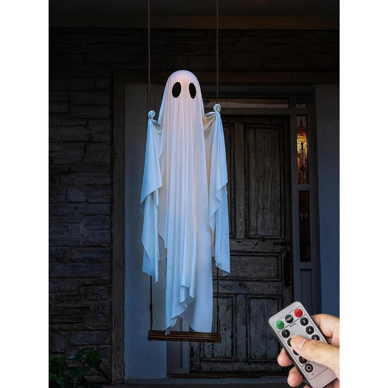Halloween Decorations Outdoor - 5 FT Large Hanging Swing Ghost Halloween Decor with String Lights - Spooky Cute Ghosts Decorations for Front Porch Yard Tree