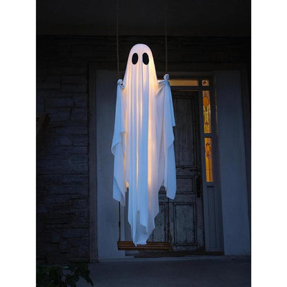 Halloween Decorations Outdoor - 5 FT Large Hanging Swing Ghost Halloween Decor with String Lights - Spooky Cute Ghosts Decorations for Front Porch Yard Tree