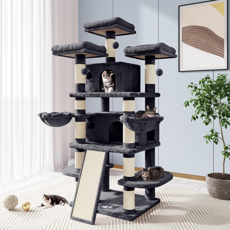 Allewie 68-Inch Multi-Level Cat Tree with Condo and Scratching Post for Large Cats - Available in Beige, Pink, Light Grey, Smoky Grey, and Leopard Print