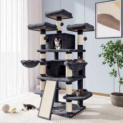 Allewie 68-Inch Multi-Level Cat Tree with Condo and Scratching Post for Large Cats - Available in Beige, Pink, Light Grey, Smoky Grey, and Leopard Print
