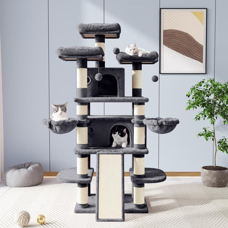 Allewie 68-Inch Multi-Level Cat Tree with Condo and Scratching Post for Large Cats - Available in Beige, Pink, Light Grey, Smoky Grey, and Leopard Print