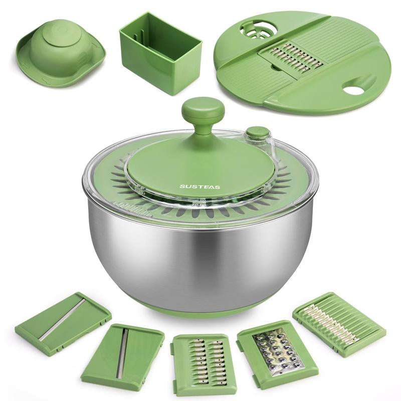 Susteas Salad Spinner + Chopper Combo – Includes Colander & Pasta Strainer – 5-In-1 Kitchen Must-Have (Springtok Green)