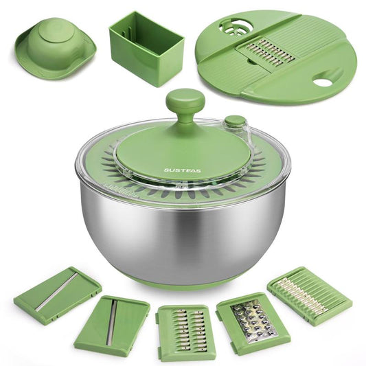 Susteas Salad Spinner + Chopper Combo – Includes Colander & Pasta Strainer – 5-In-1 Kitchen Must-Have (Springtok Green)
