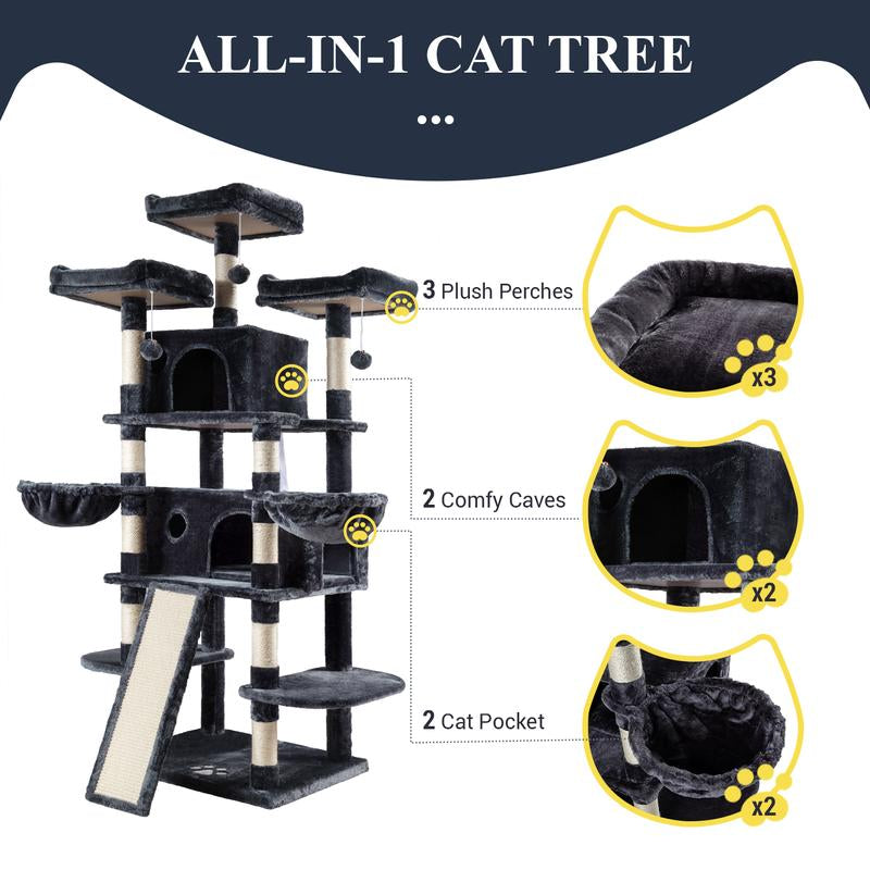 Allewie 68-Inch Multi-Level Cat Tree with Condo and Scratching Post for Large Cats - Available in Beige, Pink, Light Grey, Smoky Grey, and Leopard Print